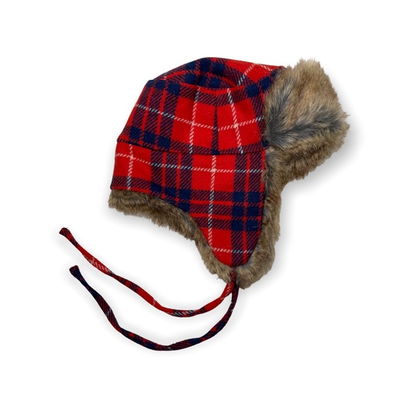 J. Crew Red Plaid Wool Faux Fur Trapper Hat